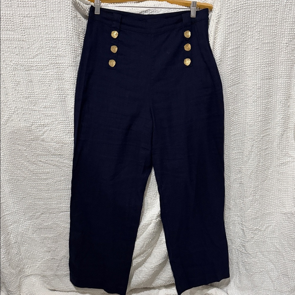 Linen High Waist Women's Pants with Gold Shell Buttons